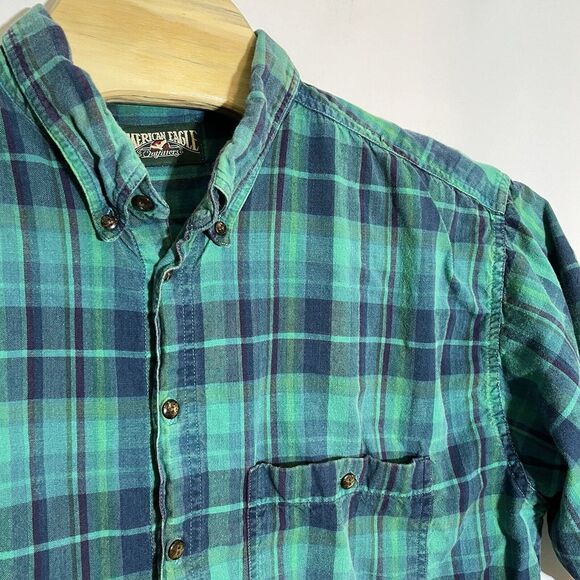 American Eagle Men's L Green Plaid Short Sleeve Button Shirt Camp Y2K‎ Vintage - Picture 1 of 7